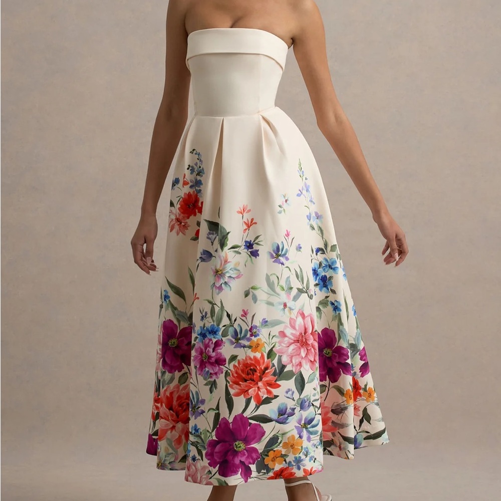 White and Pink Strapless A-Line Sundress for Wedding Guest